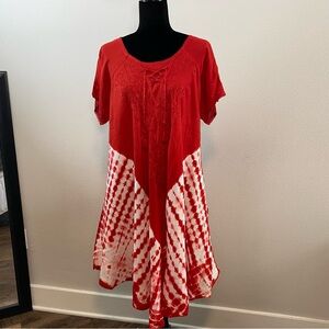 Womens Gypsy Lace Front Dress Red Tie Dye Embroidered Umbrella Hem T-Shirt Midi